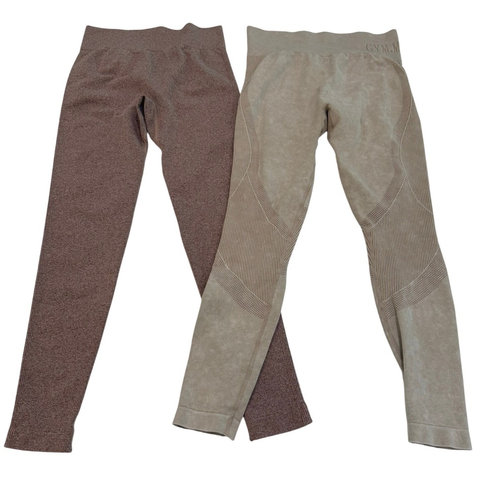 OQQ & Gym Minute Seamless Leggings Lot‎ of 2 Scrunch Butt Acid Wash Tan Brown M